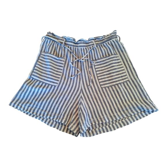 Linen Blend Paper Bag Striped Shorts Large Pull On High Waist Cato Excellent - Picture 1 of 12
